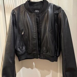 Zara Black Faux Leather Bomber Jacket